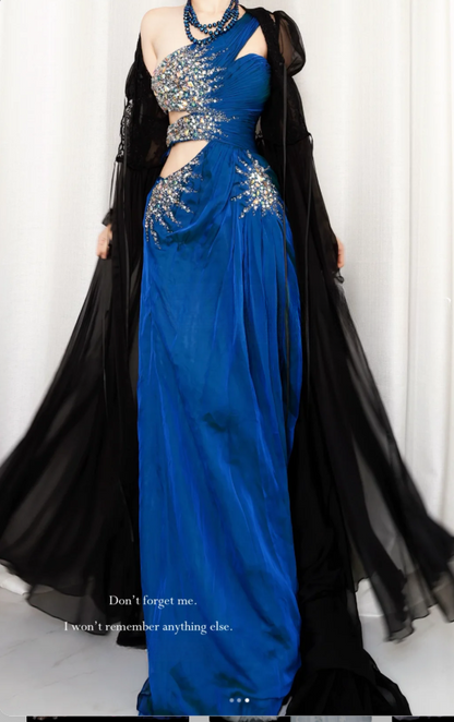 Chic One-shoulder Sheath Blue Long Prom Dresses Satin Blue Birthday Dresses DP3971