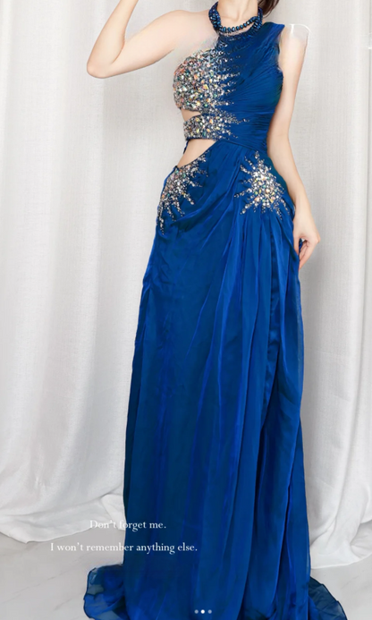 Chic One-shoulder Sheath Blue Long Prom Dresses Satin Blue Birthday Dresses DP3971