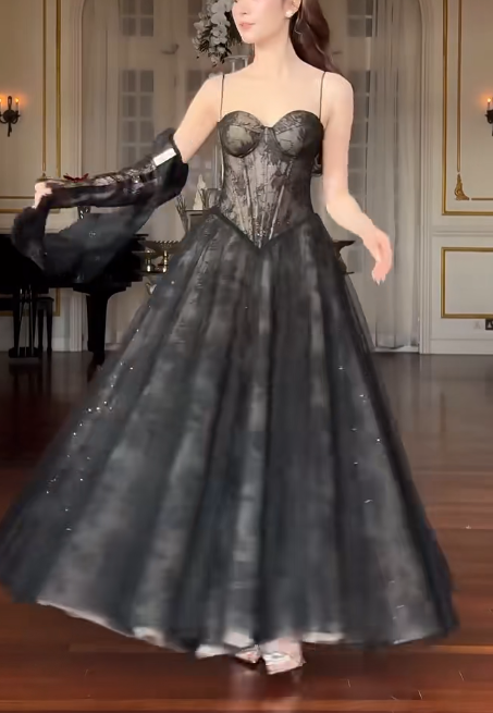 Elegant A-Line Black Long Prom Dresses; Lace Black Birthday Dresses DP3972