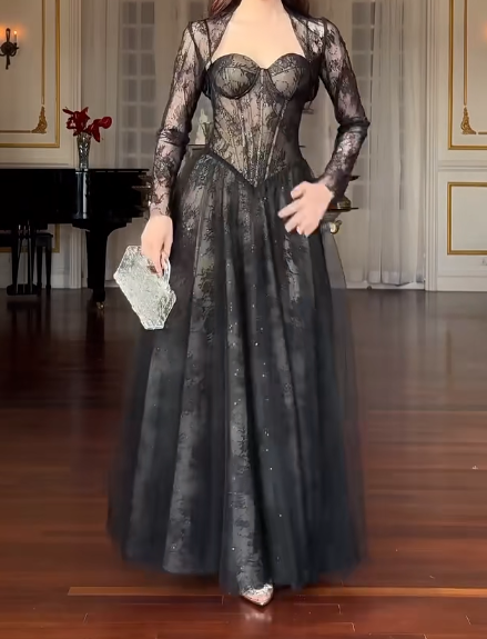 Elegant A-Line Black Long Prom Dresses; Lace Black Birthday Dresses DP3972