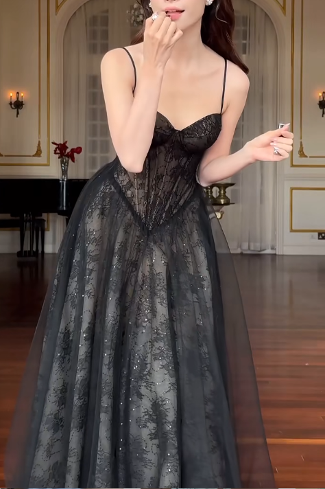 Elegant A-Line Black Long Prom Dresses; Lace Black Birthday Dresses DP3972