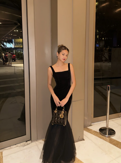 Elegant Straps Mermaid Black Long Prom Dresses Tulle Black Evening Dresses DP3975