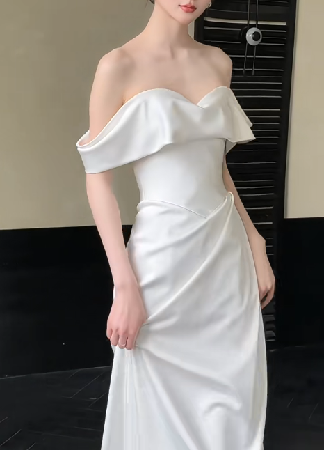 Simple Off-Shoulder Sheath Long Wedding Dresses; White Bridal Gowns; Satin Bridal Dresses DP03975