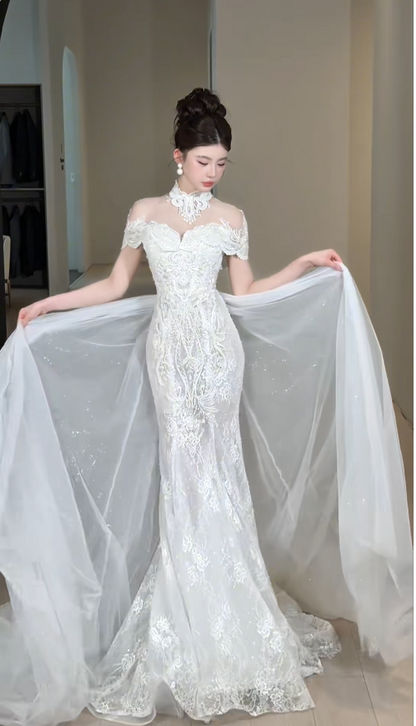 Timeless Mermaid Long Wedding Dresses, Short-sleeved White Bridal Gowns, Lace Bridal Dresses DP3976