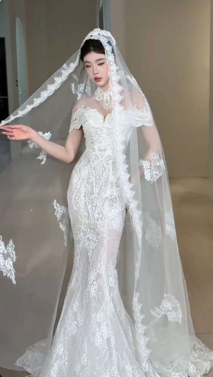 Timeless Mermaid Long Wedding Dresses, Short-sleeved White Bridal Gowns, Lace Bridal Dresses DP3976