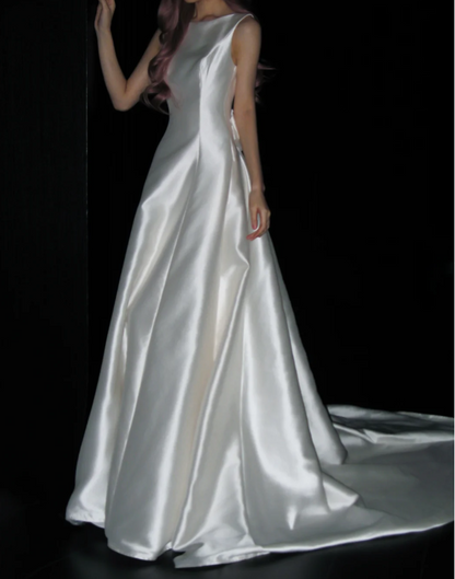 Timeless A-Line Satin Long Wedding Dresses, White Bridal Gowns, Sleeveless Bridal Dresses DP3978