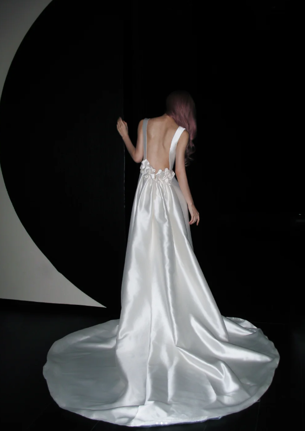 Timeless A-Line Satin Long Wedding Dresses, White Bridal Gowns, Sleeveless Bridal Dresses DP3978