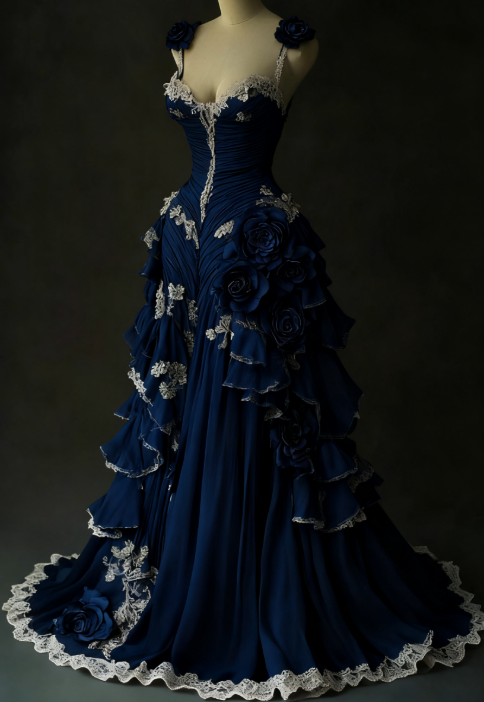 Princess Ball Gown Chiffon Long Prom Dresses Appliqué Royal Blue Evening Dresses Sweet 16 Dress DP3985