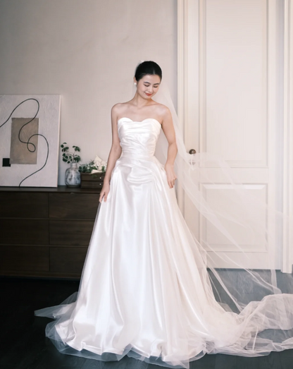 Simple A-Line Satin Long Wedding Dresses, White Bridal Gowns, Sleeveless Bridal Dresses DP3989