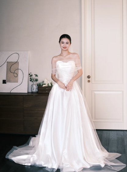 Simple A-Line Satin Long Wedding Dresses, White Bridal Gowns, Sleeveless Bridal Dresses DP3989