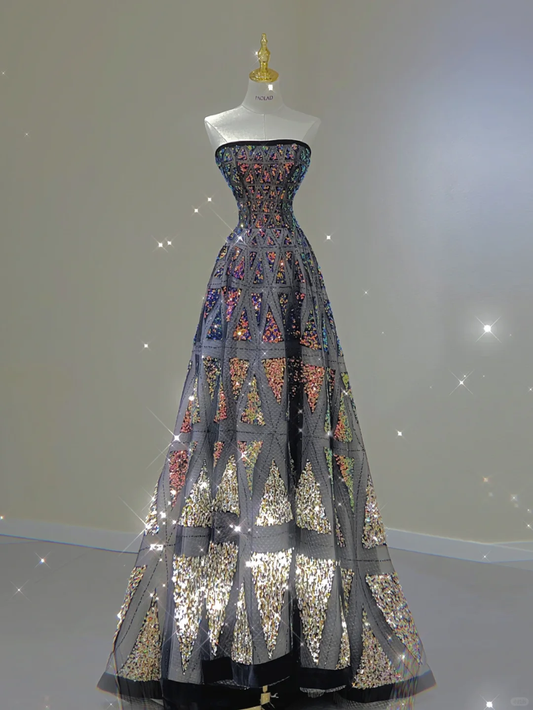 Pretty Ball Gown Strapless Black Sequin Long Prom Dresses Graduation Dress High School Classy Evening Dresses DP398
