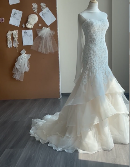 Simple Mermaid Lace Long Wedding Dresses with Appliqué, White Bridal Gowns, Sleeveless Bridal Dresses DP3990