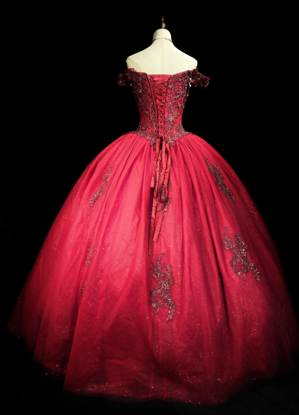 Gorgeous Ball Gown Tulle Long Prom Dresses Appliqué Burgundy QUinceanera Dresses Sweet 16 Dress DP3991