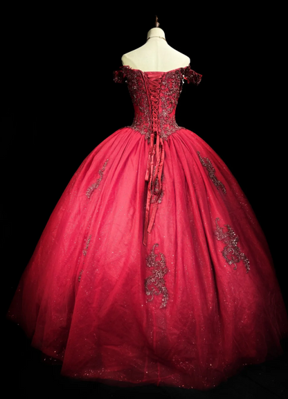 Gorgeous Ball Gown Tulle Long Prom Dresses Appliqué Burgundy QUinceanera Dresses Sweet 16 Dress DP3991