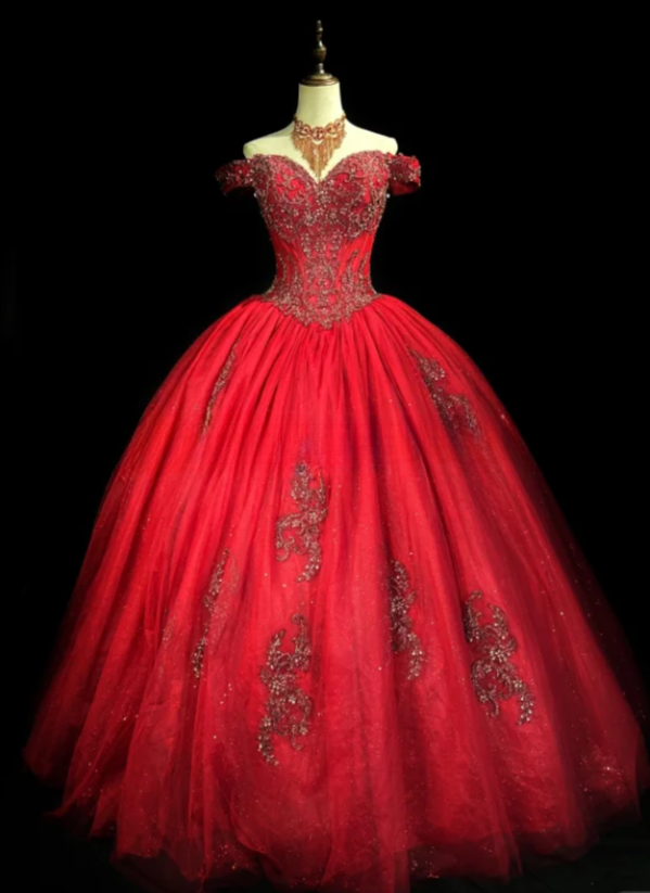 Gorgeous Ball Gown Tulle Long Prom Dresses Appliqué Burgundy QUinceanera Dresses Sweet 16 Dress DP3991