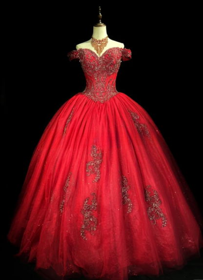 Gorgeous Ball Gown Tulle Long Prom Dresses Appliqué Burgundy QUinceanera Dresses Sweet 16 Dress DP3991