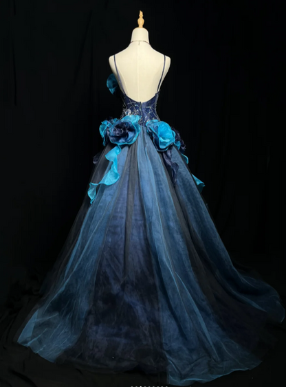 Gorgeous Ball Gown Tulle Long Prom Dresses Appliqué Blue Quinceanera Dresses Sweet 16 Dress DP3992