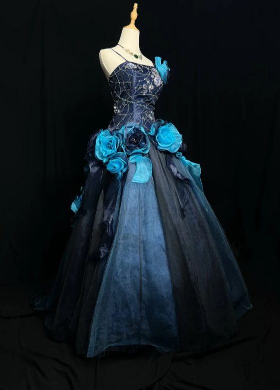 Gorgeous Ball Gown Tulle Long Prom Dresses Appliqué Blue Quinceanera Dresses Sweet 16 Dress DP3992