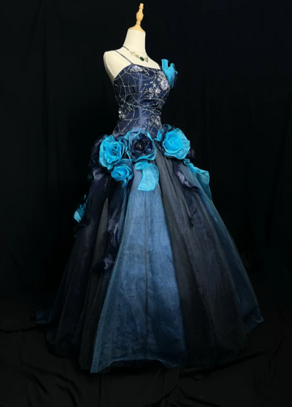 Gorgeous Ball Gown Tulle Long Prom Dresses Appliqué Blue Quinceanera Dresses Sweet 16 Dress DP3992