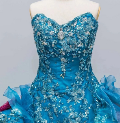 Fairy Sweetheart Ball Gown Tulle Long Prom Dresses Appliqué Blue Quinceanera Dresses Sweet 16 Dress DP3993