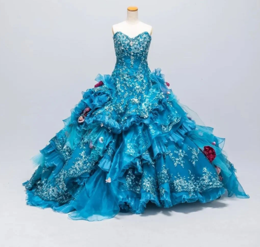 Fairy Sweetheart Ball Gown Tulle Long Prom Dresses Appliqué Blue Quinceanera Dresses Sweet 16 Dress DP3993