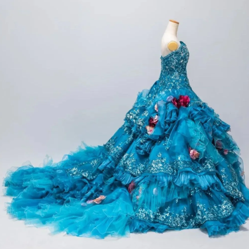 Fairy Sweetheart Ball Gown Tulle Long Prom Dresses Appliqué Blue Quinceanera Dresses Sweet 16 Dress DP3993