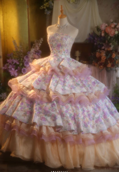 Cute Strapless Ball Gown Floral Long Prom Dresses Pink Quinceanera Dresses Sweet 16 Dress DP3995