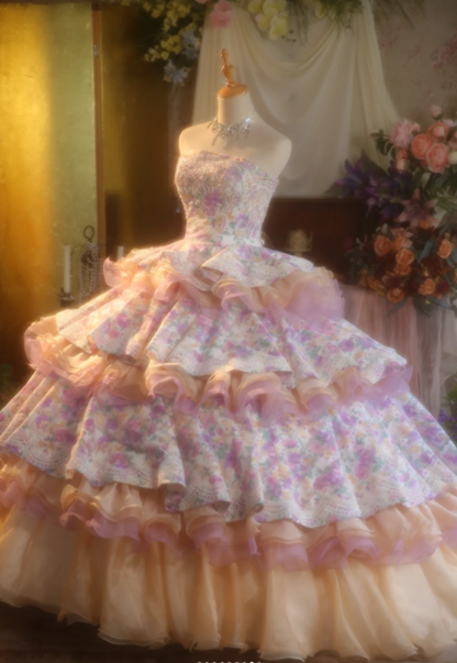 Cute Strapless Ball Gown Floral Long Prom Dresses Pink Quinceanera Dresses Sweet 16 Dress DP3995