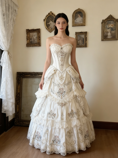 Sweet V-neck Ball Gown Satin White Short Birthday Dresses Lace Appliqué White Lolita Dresses DP3996