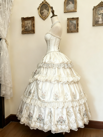 Sweet V-neck Ball Gown Satin White Short Birthday Dresses Lace Appliqué White Lolita Dresses DP3996