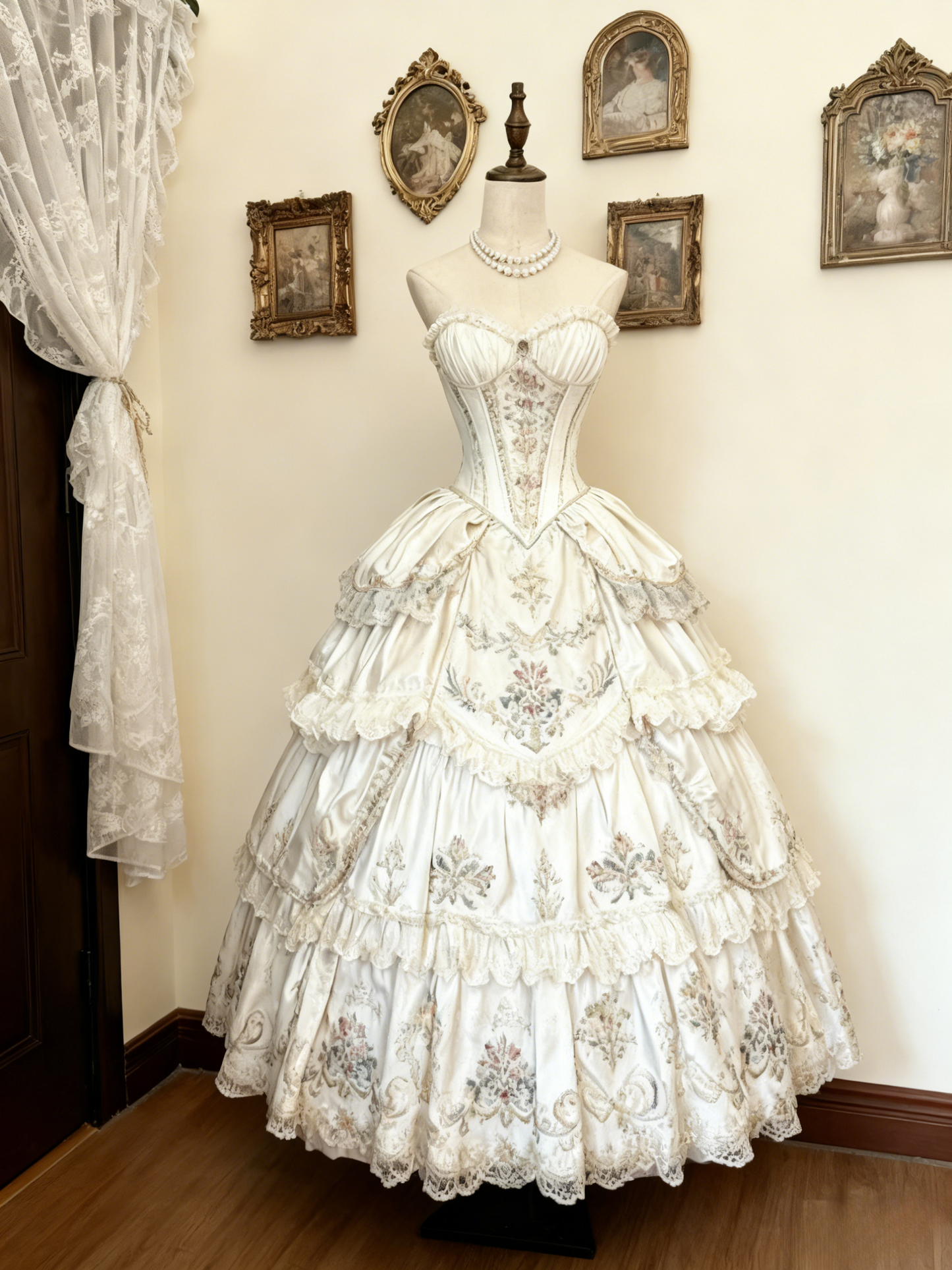 Sweet V-neck Ball Gown Satin White Short Birthday Dresses Lace Appliqué White Lolita Dresses DP3996