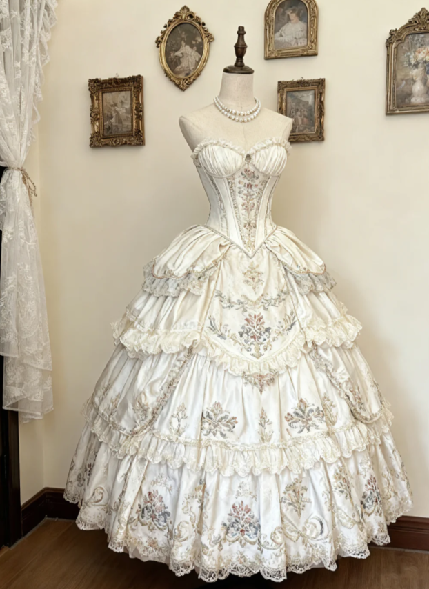 Sweet V-neck Ball Gown Satin White Short Birthday Dresses Lace Appliqué White Lolita Dresses DP3996