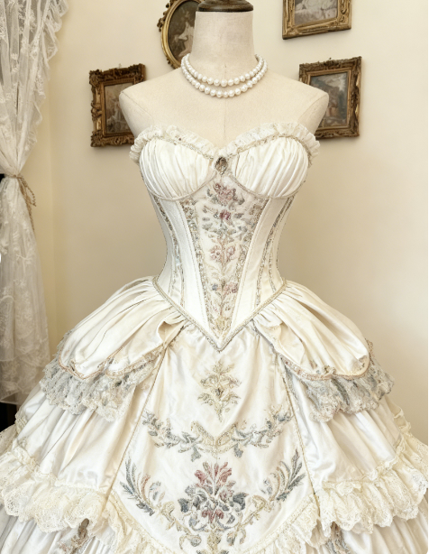 Sweet V-neck Ball Gown Satin White Short Birthday Dresses Lace Appliqué White Lolita Dresses DP3996