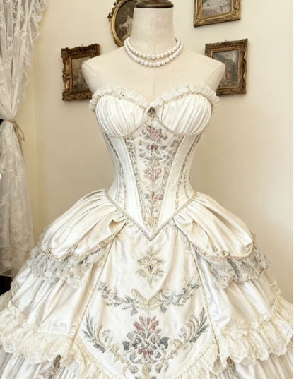 Sweet V-neck Ball Gown Satin White Short Birthday Dresses Lace Appliqué White Lolita Dresses DP3996