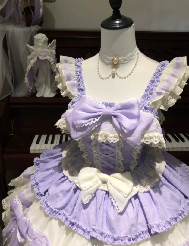 Sweet Straps Ball Gown Tulle Purple Short Birthday Dresses Cute Lace Bow Purple Lolita Dresses DP3997