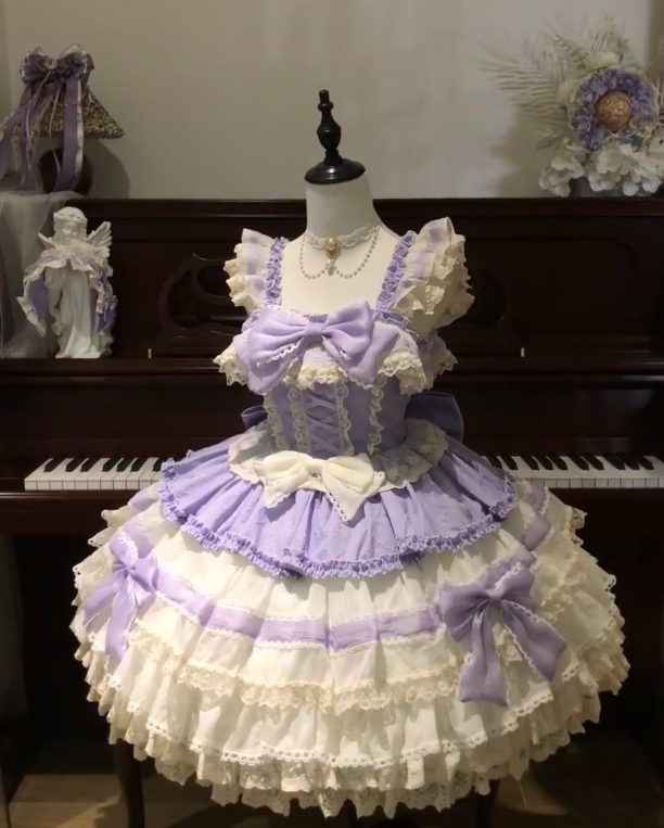 Sweet Straps Ball Gown Tulle Purple Short Birthday Dresses Cute Lace Bow Purple Lolita Dresses DP3997