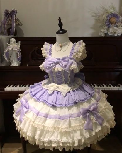 Sweet Straps Ball Gown Tulle Purple Short Birthday Dresses Cute Lace Bow Purple Lolita Dresses DP3997