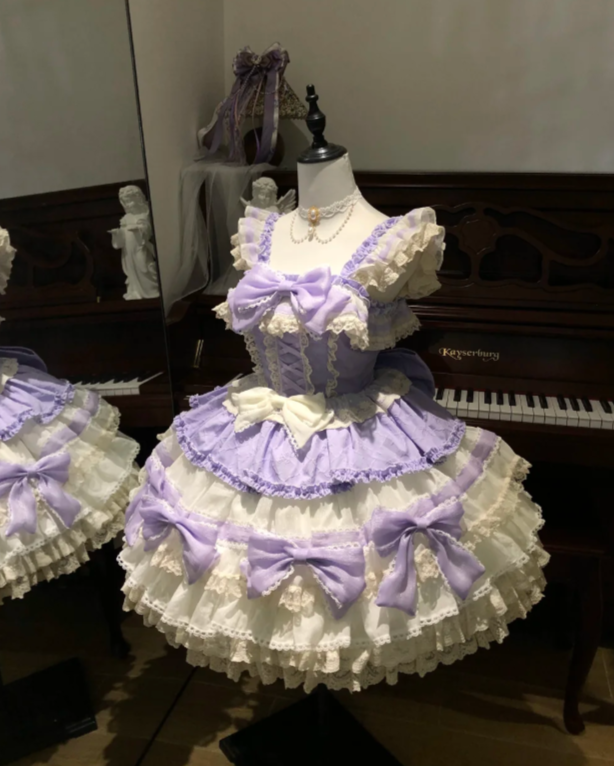 Sweet Straps Ball Gown Tulle Purple Short Birthday Dresses Cute Lace Bow Purple Lolita Dresses DP3997