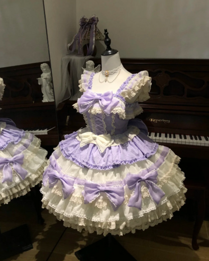 Sweet Straps Ball Gown Tulle Purple Short Birthday Dresses Cute Lace Bow Purple Lolita Dresses DP3997