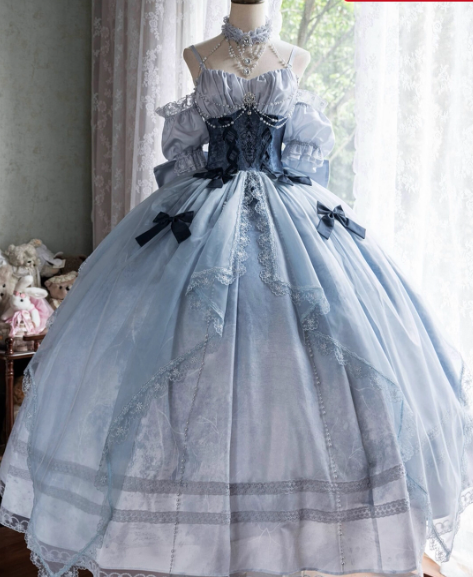 Sweet Straps Ball Gown Tulle Gray-Blue Short Birthday Dresses Cute Lace Bow Gray-Blue Lolita Dresses DP3998