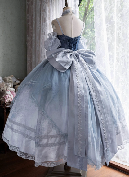 Sweet Straps Ball Gown Tulle Gray-Blue Short Birthday Dresses Cute Lace Bow Gray-Blue Lolita Dresses DP3998