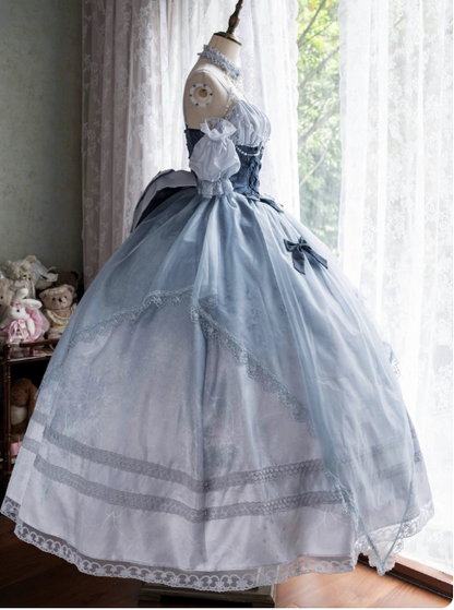 Sweet Straps Ball Gown Tulle Gray-Blue Short Birthday Dresses Cute Lace Bow Gray-Blue Lolita Dresses DP3998