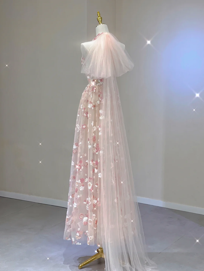 Elegantes A-Linie Neckholder Ärmelloses Rosa Blumen Abendkleid Langes Ballkleid DP400
