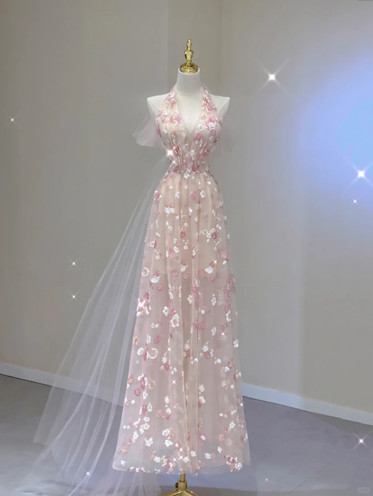 Elegantes A-Linie Neckholder Ärmelloses Rosa Blumen Abendkleid Langes Ballkleid DP400