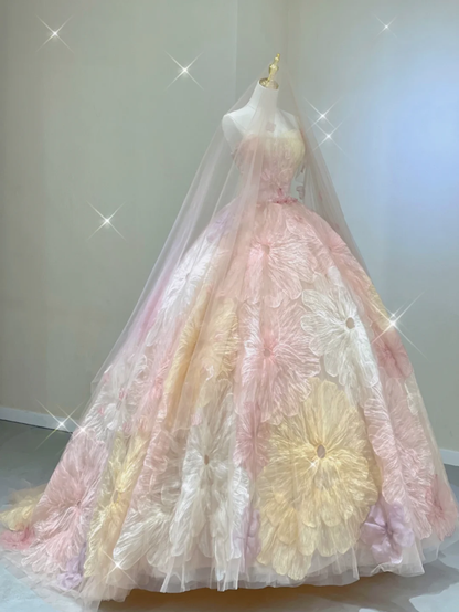 Pretty Ball Gown Strapless Pink Tulle Long Prom Dresses High School Outfits Evening Dresses DP401