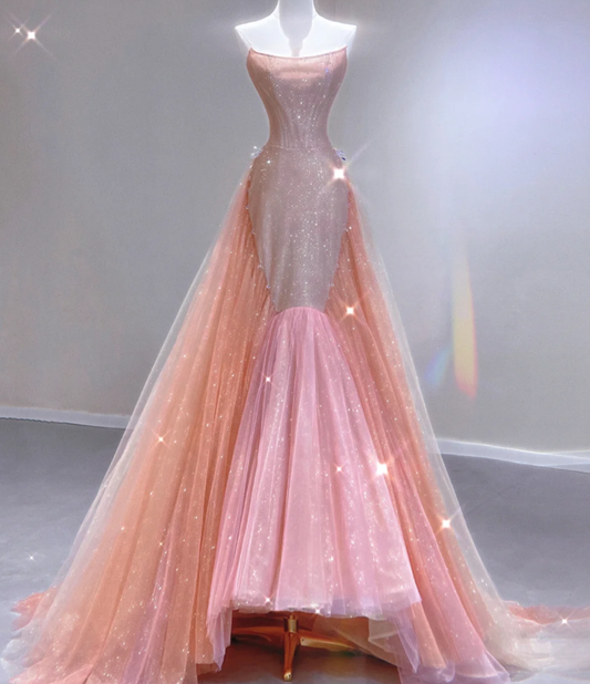 Classy Mermaid Strapless Sequin Long Pink Prom Dresses Graduation Dress High School Classy Evening Dresses DP402