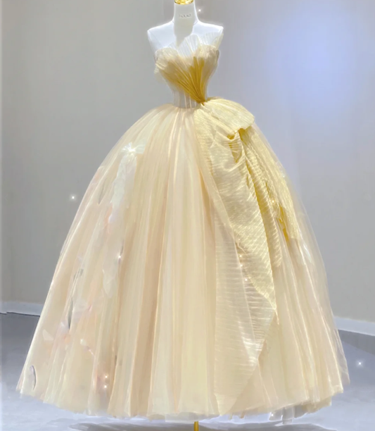 Modest Ball Gown Strapless Yellow Tulle Long Prom Dresses High School Outfits Graduation Dress Evening Dresses DP404