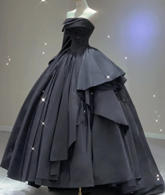 Modest Ball Gown Strapless Black Long Prom Dresses High School Outfits Graduation Dress Evening Dresses DP405