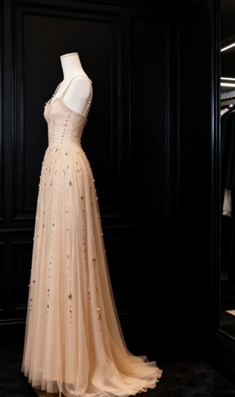 Sexy Straps A-Line Long Prom Dresses Beaded Tulle Champagne Evening Dresses Sleeveless Formal Dresses DP04062