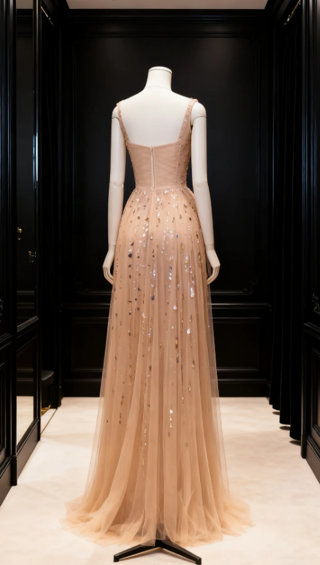 Sexy Straps A-Line Long Prom Dresses Beaded Tulle Champagne Evening Dresses Sleeveless Formal Dresses DP04062